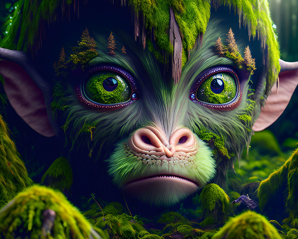 Green creature with expressive eyes and horns in forest scene