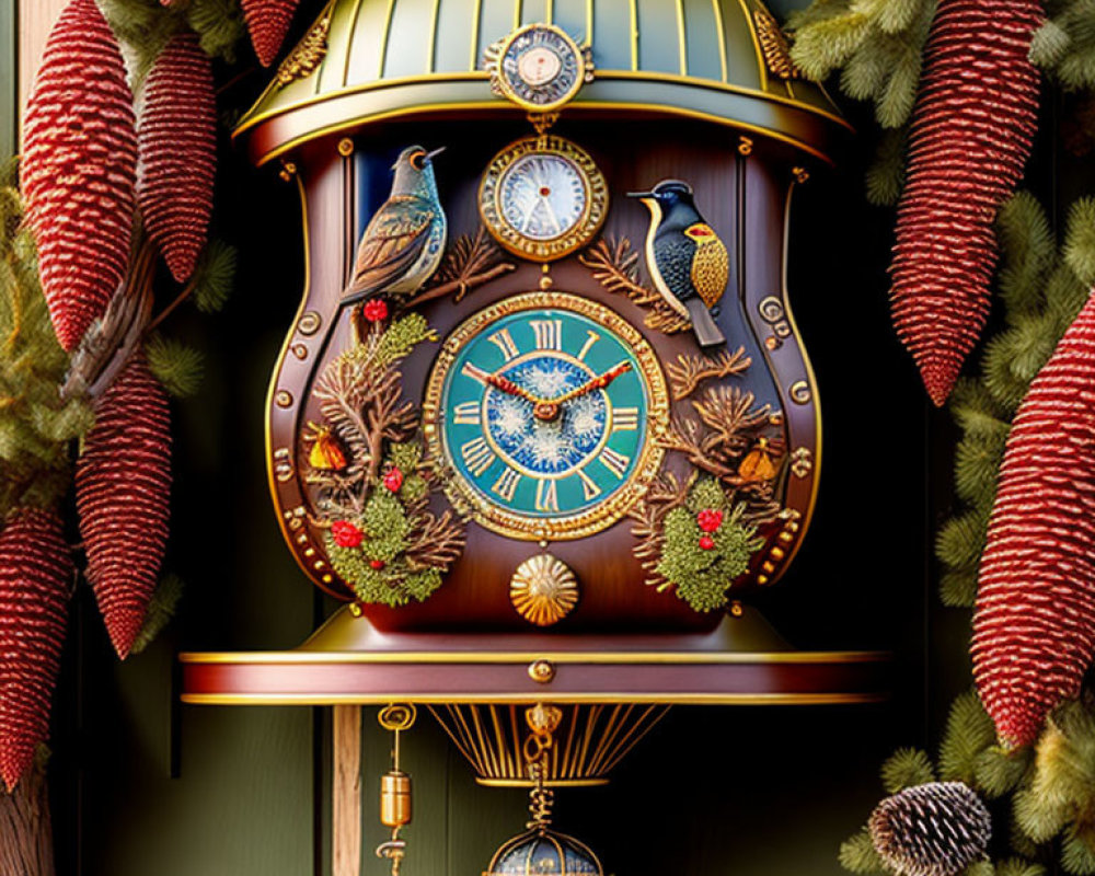 Festive ornate cuckoo clock with birds on pine branch background