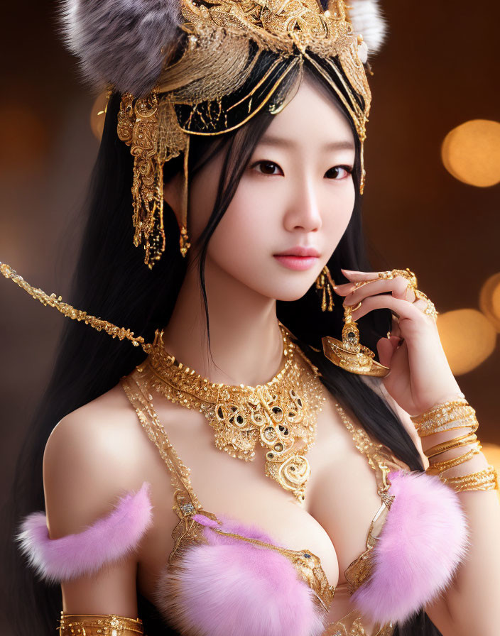 Regal woman with golden jewelry and pink fur headdress