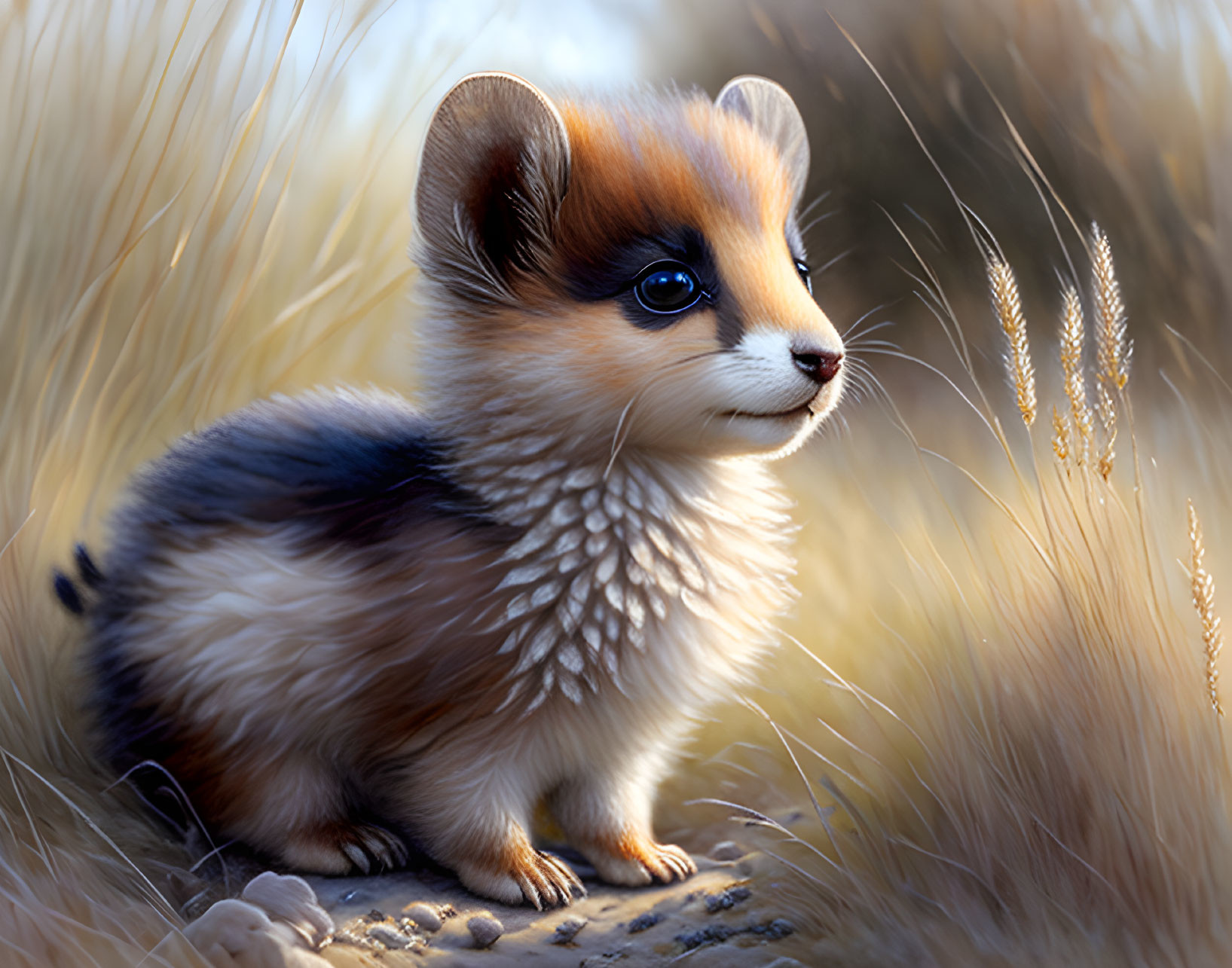 Very fluffy little weasel in the field early in th