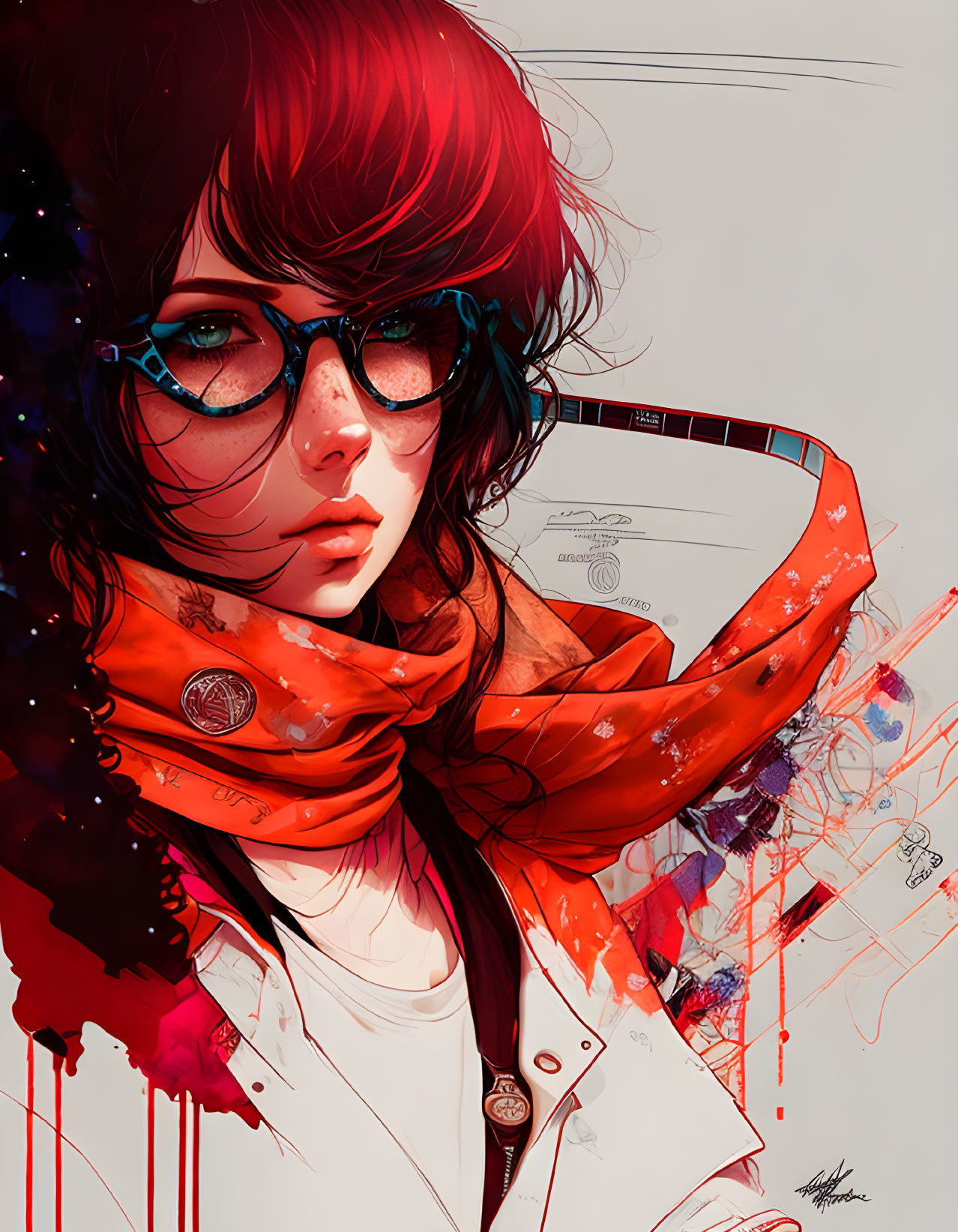 Person with Red Hair and Glasses in Stylized Illustration