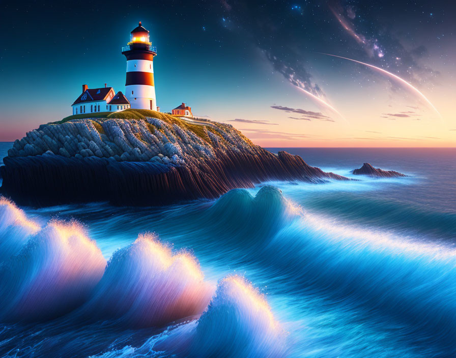Scenic lighthouse on cliff with starry sky & shooting star