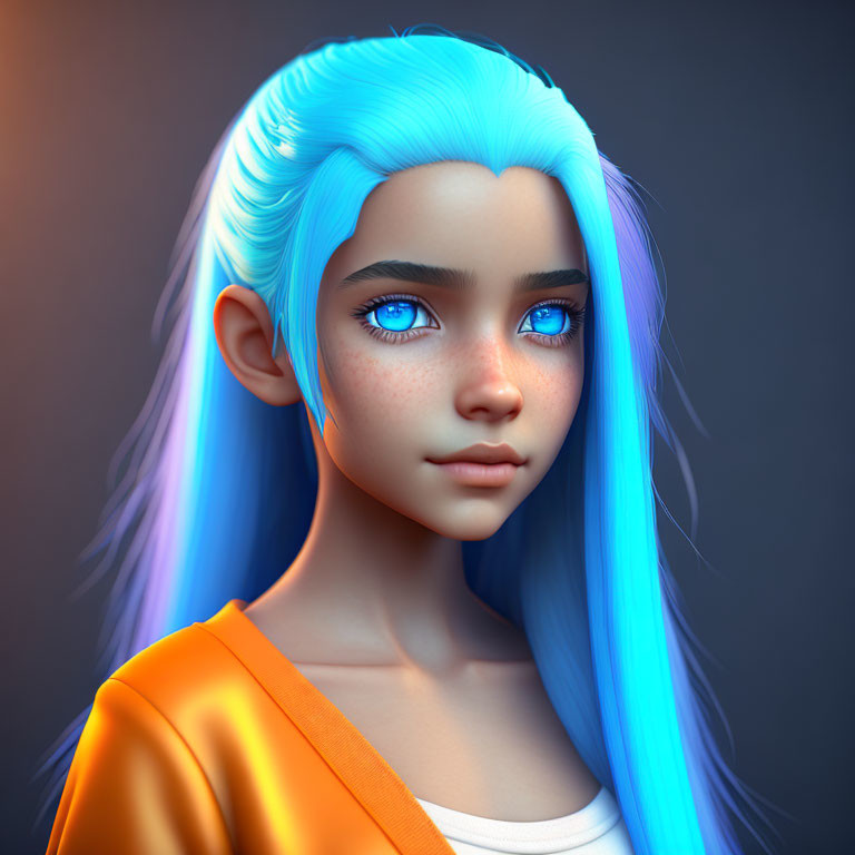 Vibrant blue hair girl with blue eyes in orange jacket portrait