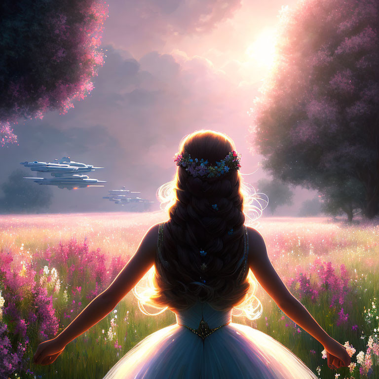 Woman in Gown Contemplates Sunlit Meadow with Futuristic Ships