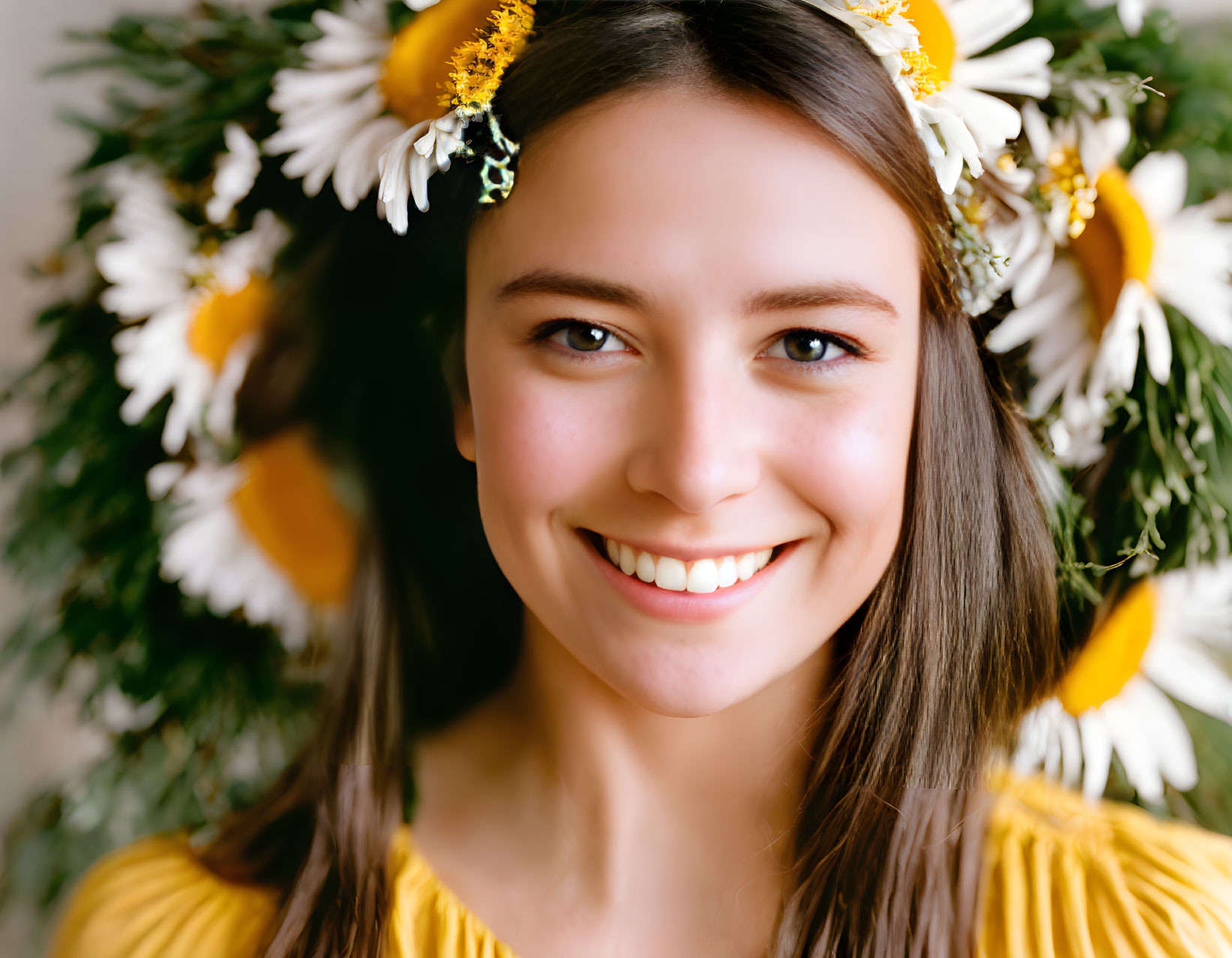 Smiling young woman with daisy flower crown and yellow top