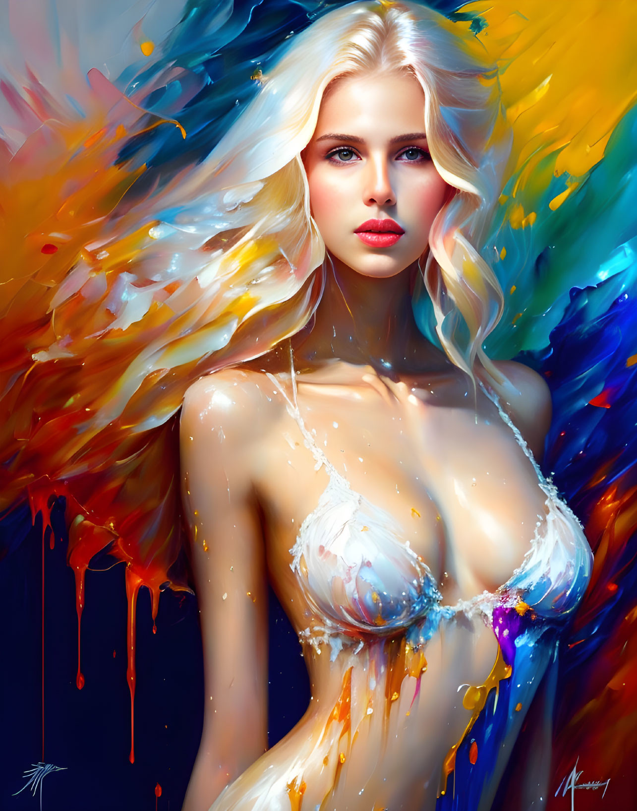 Vibrant digital portrait of a woman with white hair and colorful background