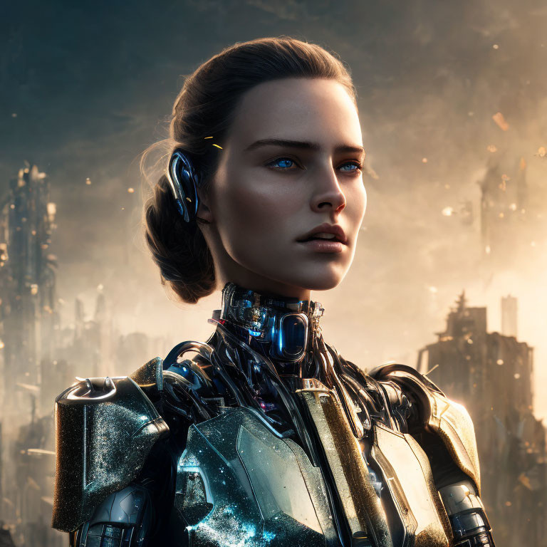 Female android portrait with blue eyes and cybernetic parts in futuristic cityscape