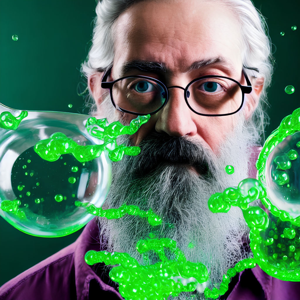 Bearded Man with Glasses and Green Molecular Bubbles on Dark Background