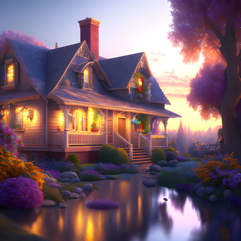 Twilight landscape with cozy house, gardens, pond, and purple trees