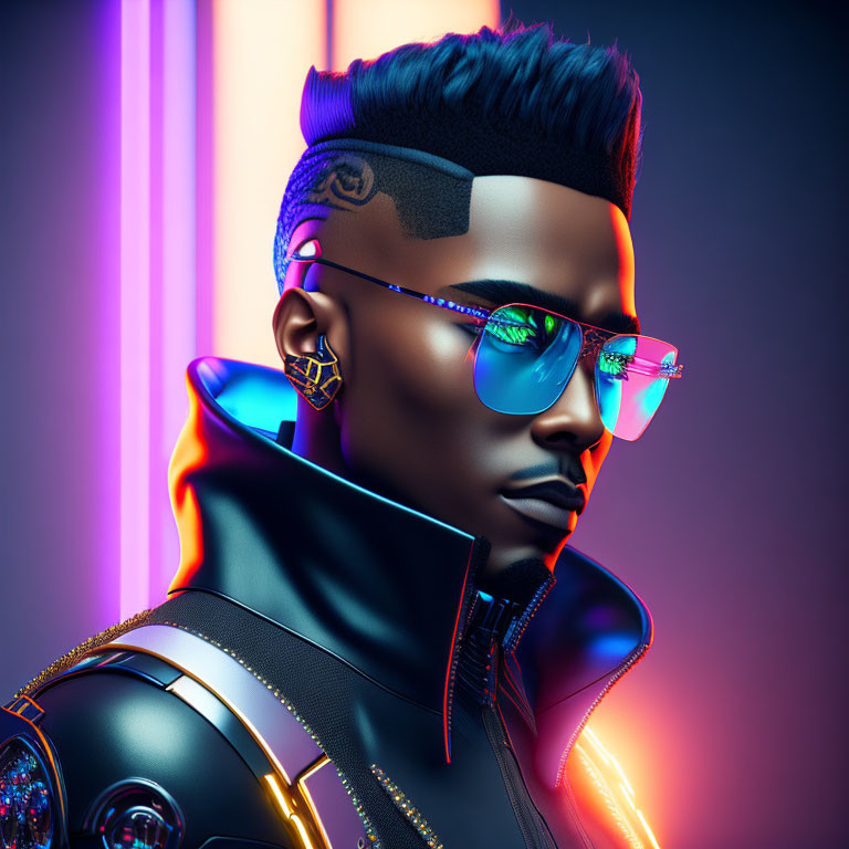 Futuristic man 3D illustration with stylish attire on neon background