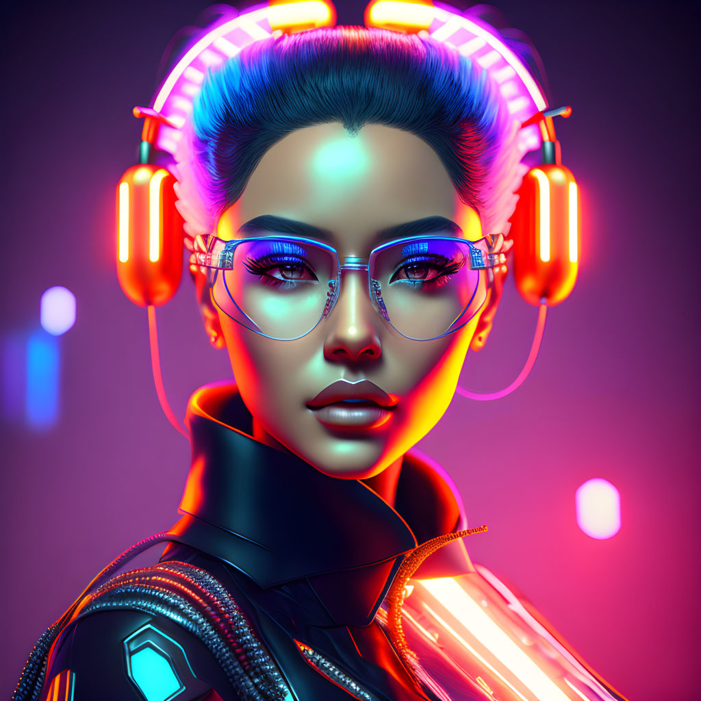 Digital Art Portrait: Woman with Neon-lit Headphones and Futuristic Glasses on Purple Background