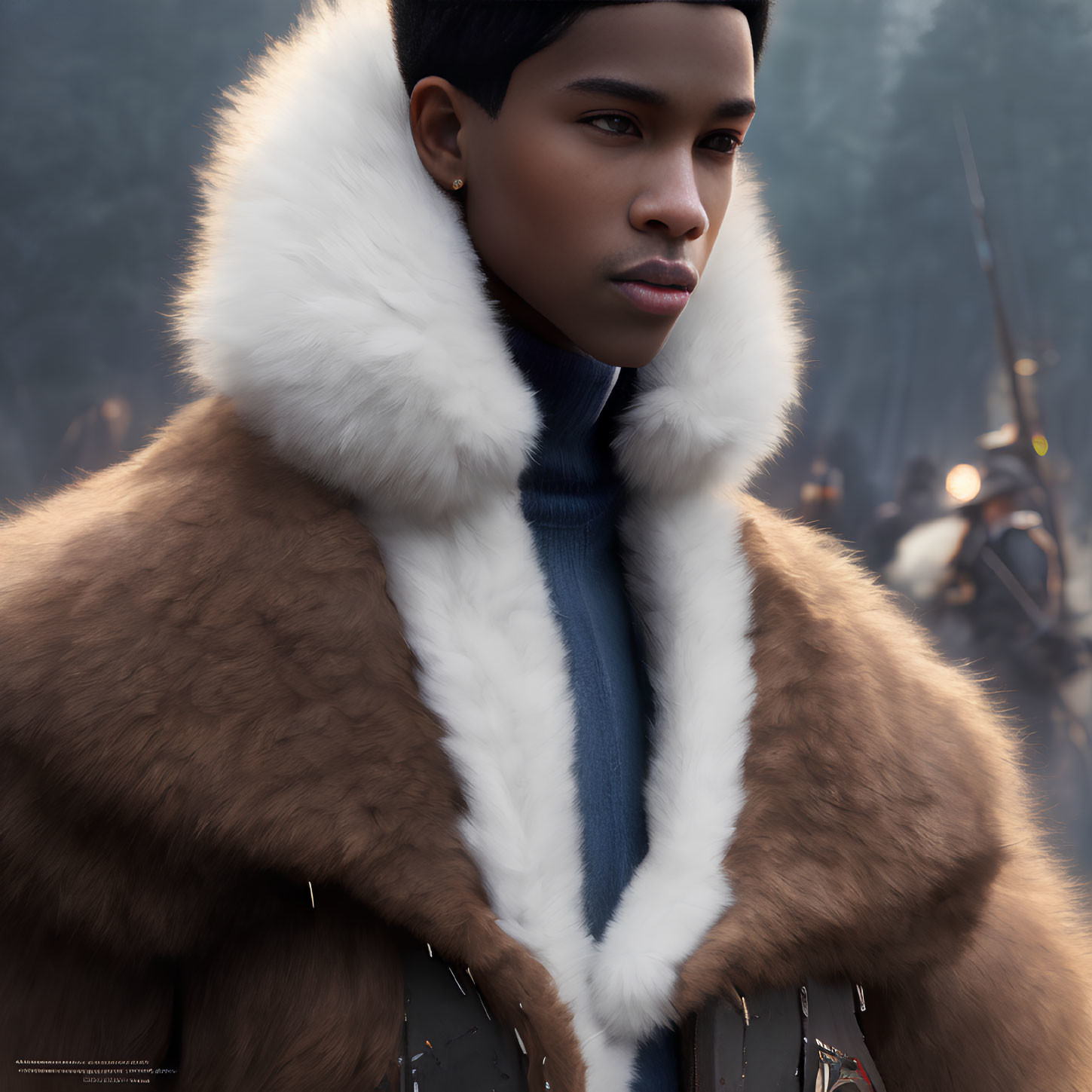 Digital portrait of person in brown fur coat with white collar, gazing thoughtfully