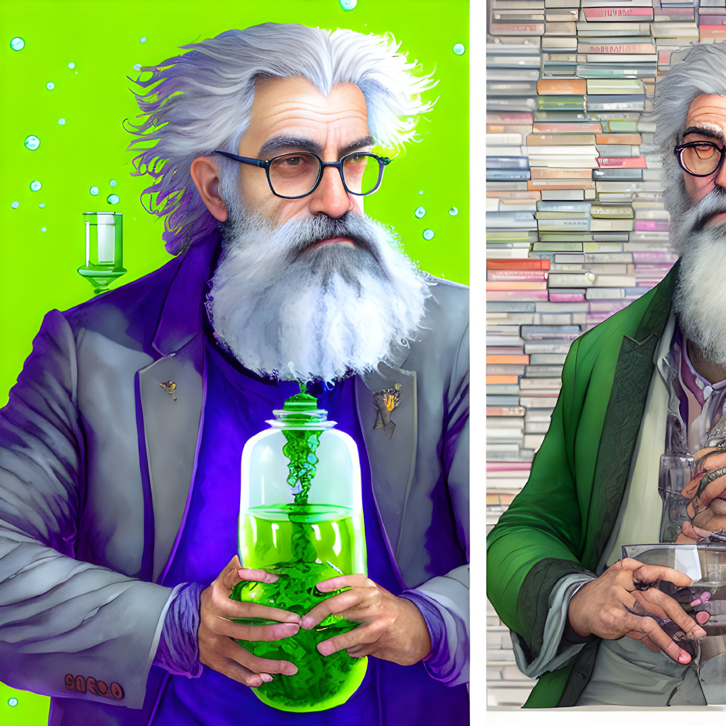 Illustration of gray-bearded man in purple jacket with bubbling potion, books, and bubbles.