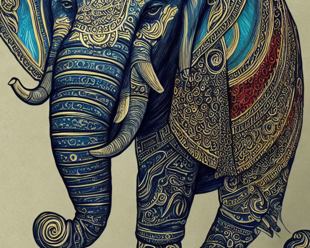 Colorful Elephant Illustration with Intricate Blue and Orange Patterns