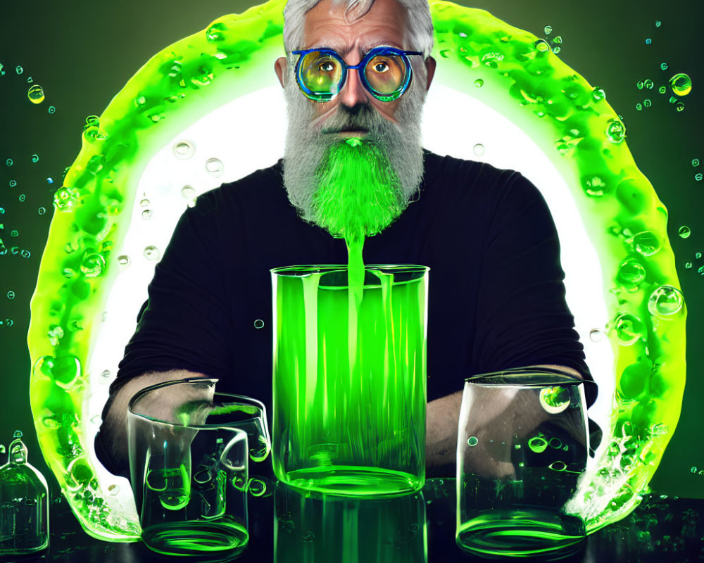 Bearded man with glasses pouring green liquid into cup on glowing green background