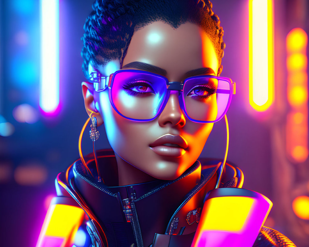 Digital artwork: Woman with braids, glasses, and earrings under vibrant neon lights