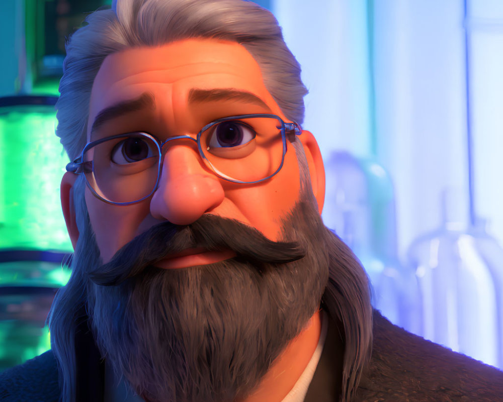 3D animated character with gray beard and orange glasses