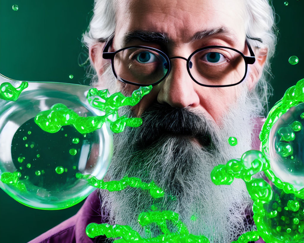 Bearded Man with Glasses and Green Molecular Bubbles on Dark Background