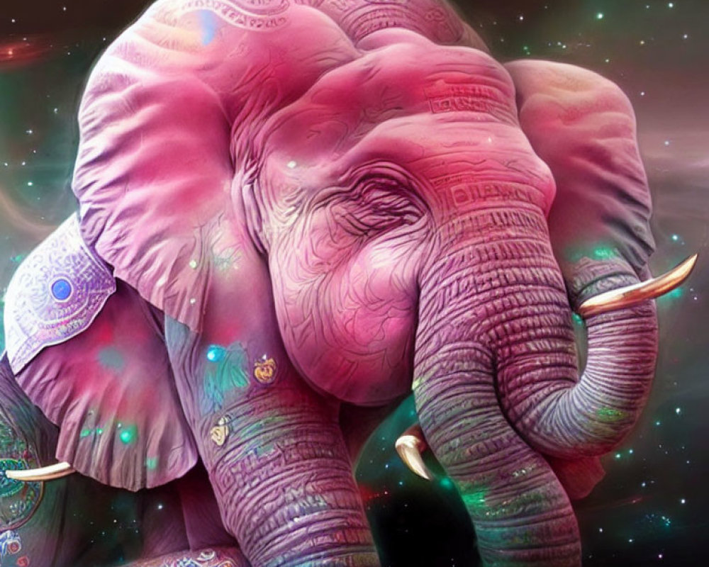 Vibrant psychedelic elephant art with intricate patterns on cosmic background