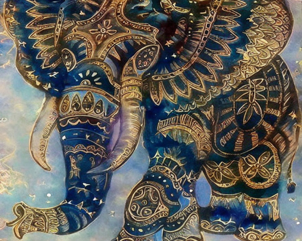 Ornate Elephant with Gold Patterns on Blue and Golden Background