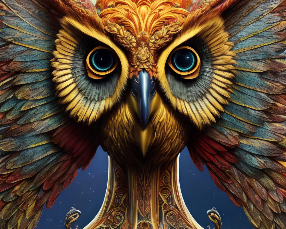 Detailed owl illustration with ornate feathers and blue eyes in moonlit sky