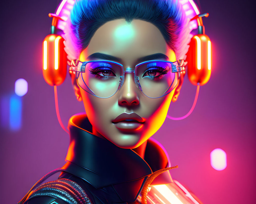 Digital Art Portrait: Woman with Neon-lit Headphones and Futuristic Glasses on Purple Background