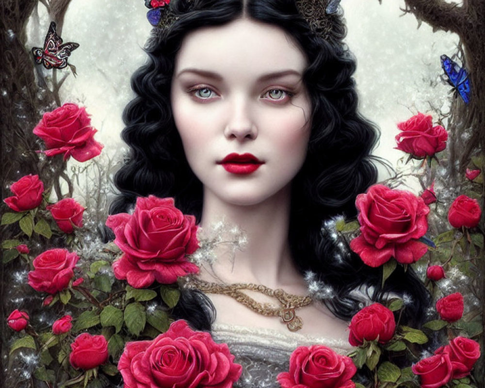 Digital Artwork: Woman with Pale Skin, Dark Hair, Red Lips, Roses, Butterflies,