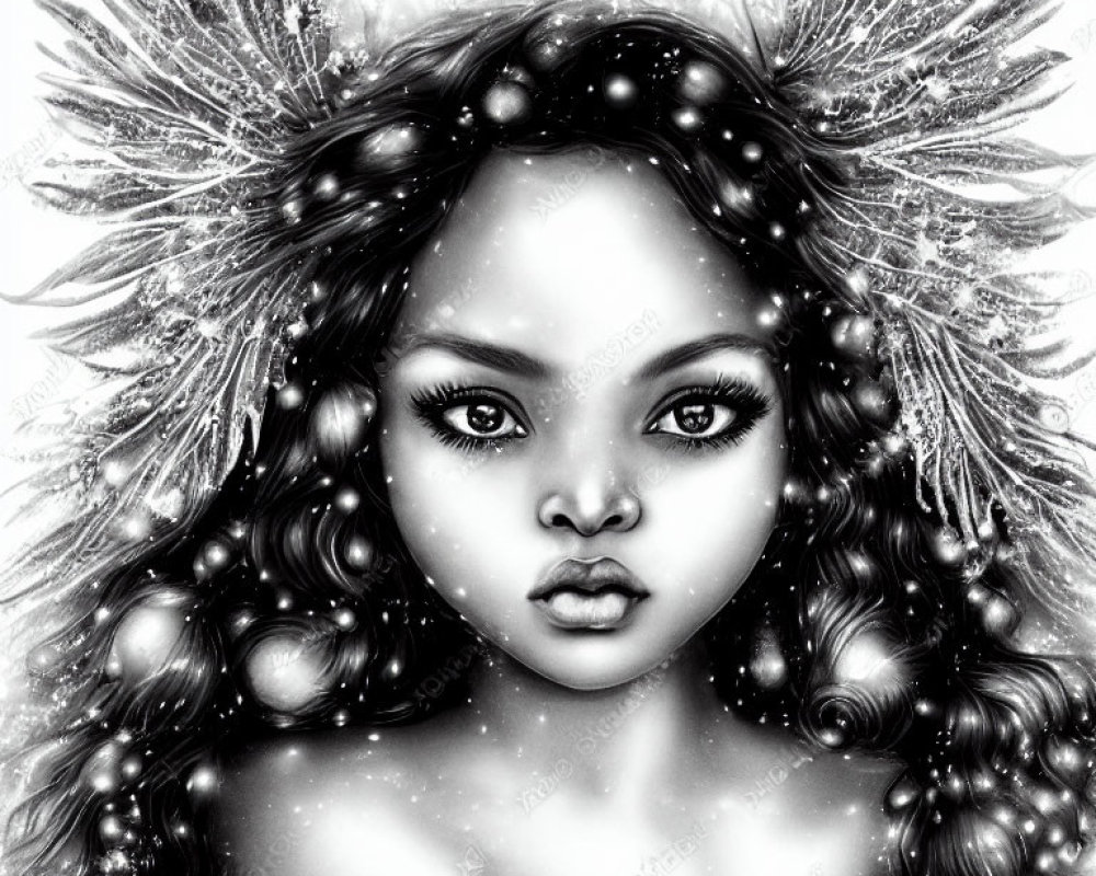 Monochrome illustration of girl with big eyes and decorative feathers and spheres
