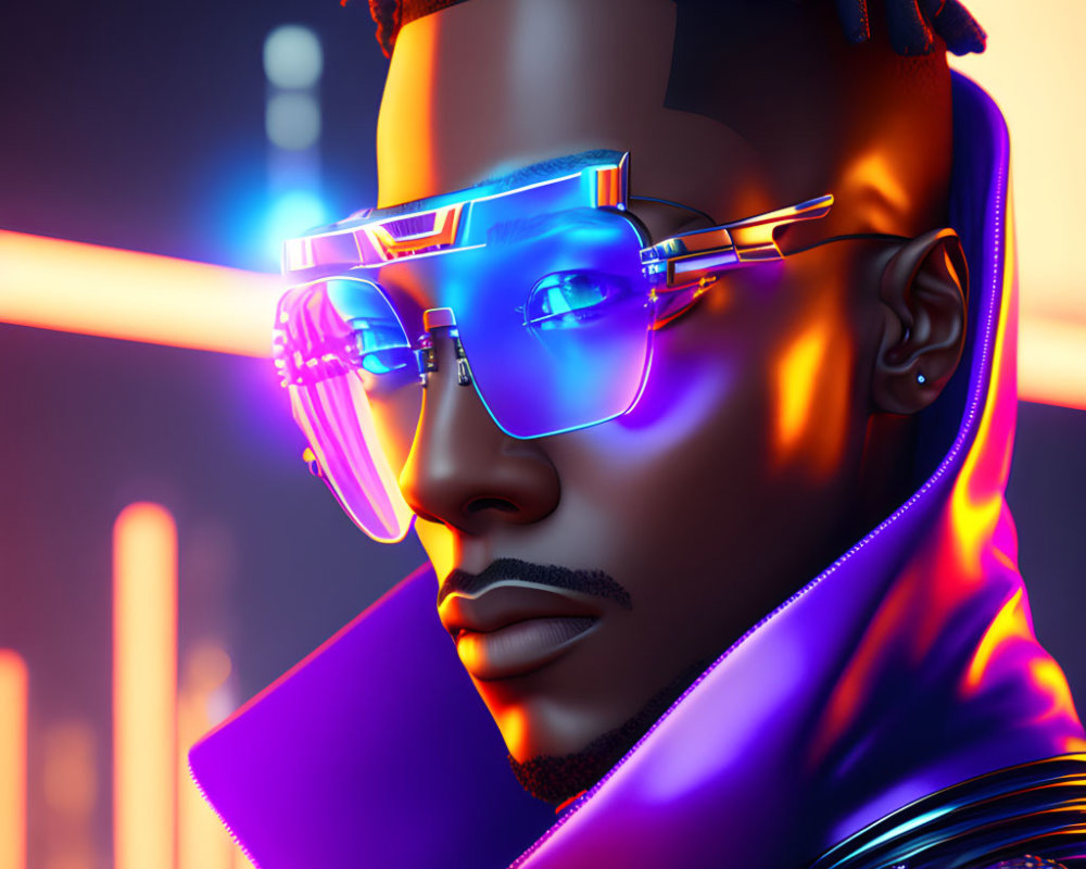 Futuristic man with glowing sunglasses in neon urban setting