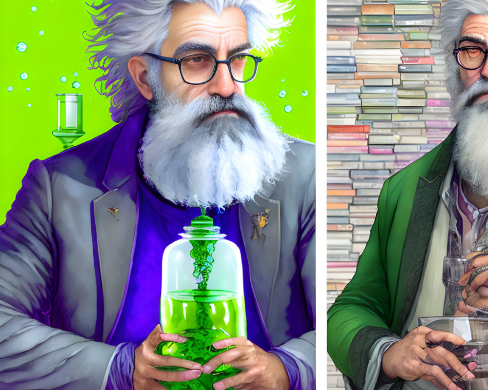 Illustration of gray-bearded man in purple jacket with bubbling potion, books, and bubbles.