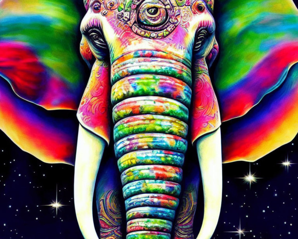 Colorful Psychedelic Elephant Illustration on Cosmic Background