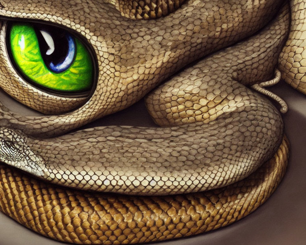 Detailed snake illustration with vibrant green eye and intricate scales.