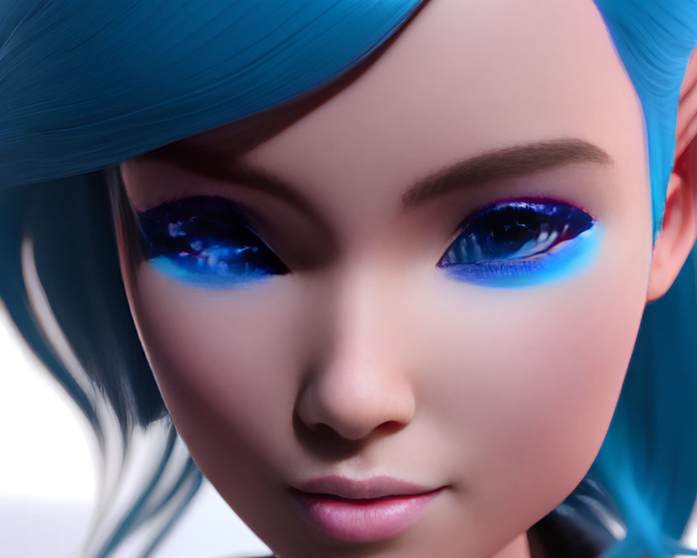 Detailed Close-up of 3D-Animated Female Character with Blue Hair and Starry Eyes