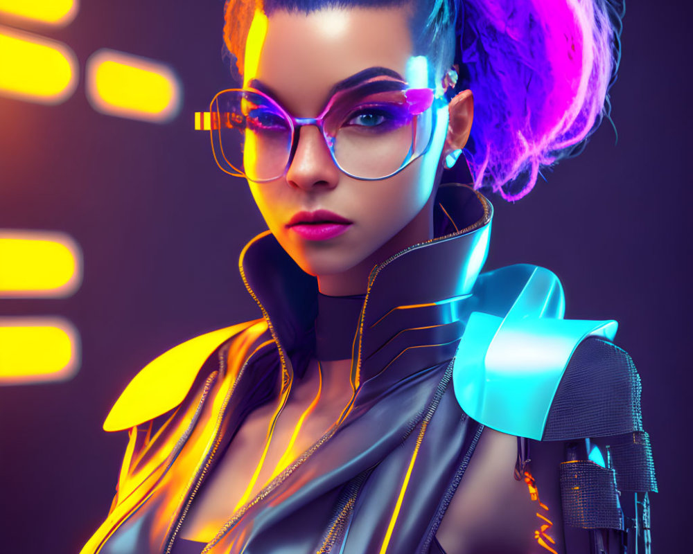 Futuristic woman with purple hair and cybernetic arm in illuminated clothing