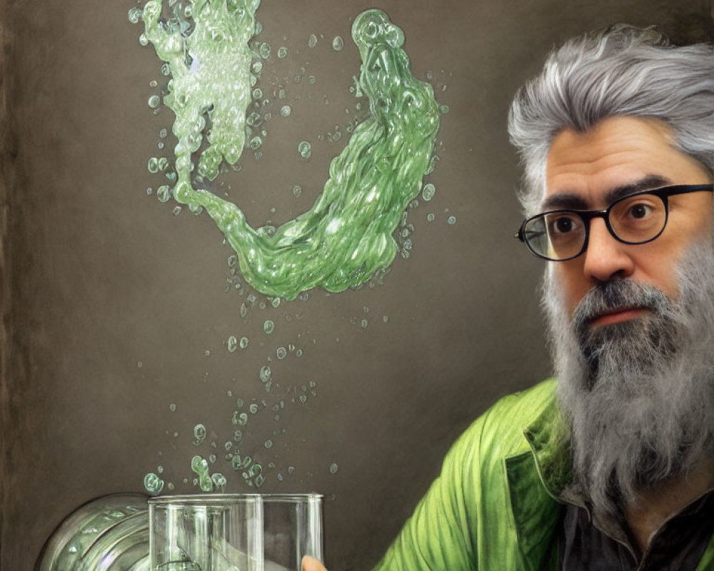 Gray-haired man with beard and glasses surprised by splashing liquid.