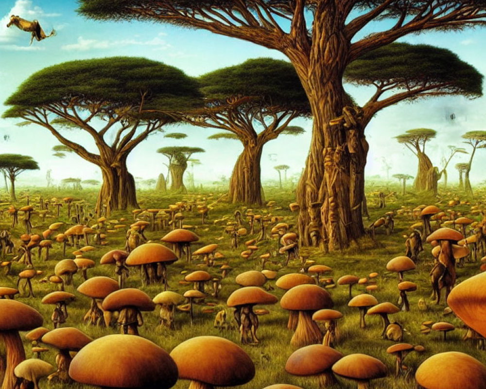 Fantastical landscape with oversized mushrooms and baobab trees