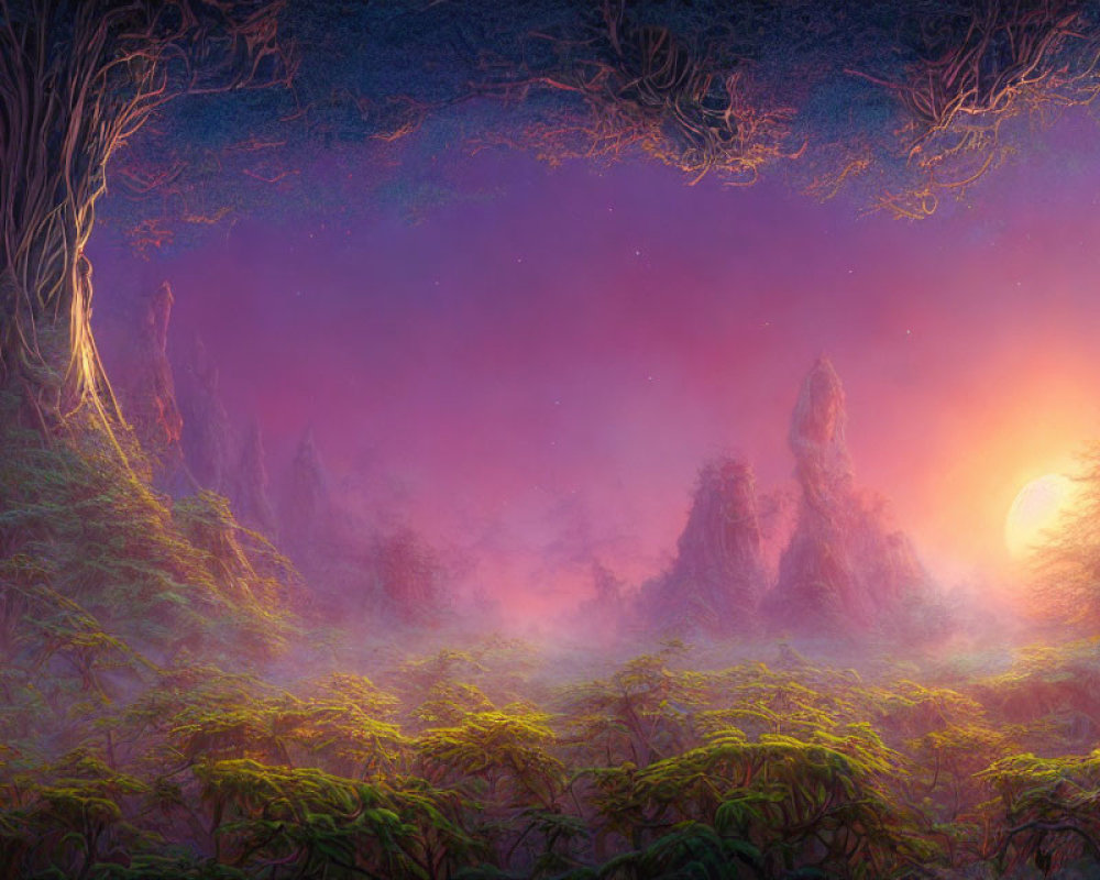 Enchanting sunrise scene in mystical forest with towering trees and purple sky