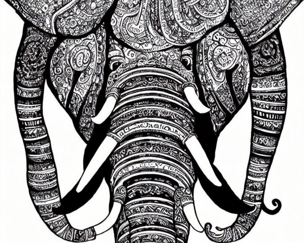Detailed Black and White Illustration of Ornate Elephant Design