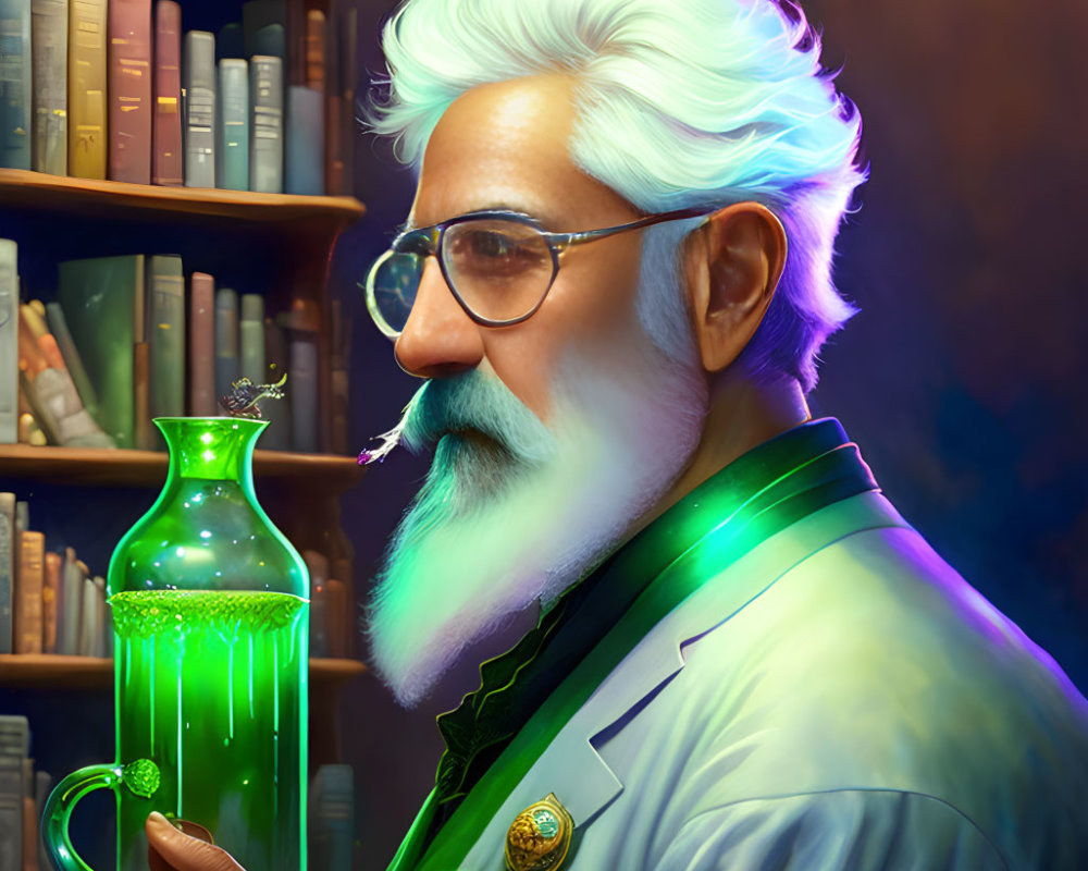 Elder with white hair and lab coat holds glowing green bottle in library