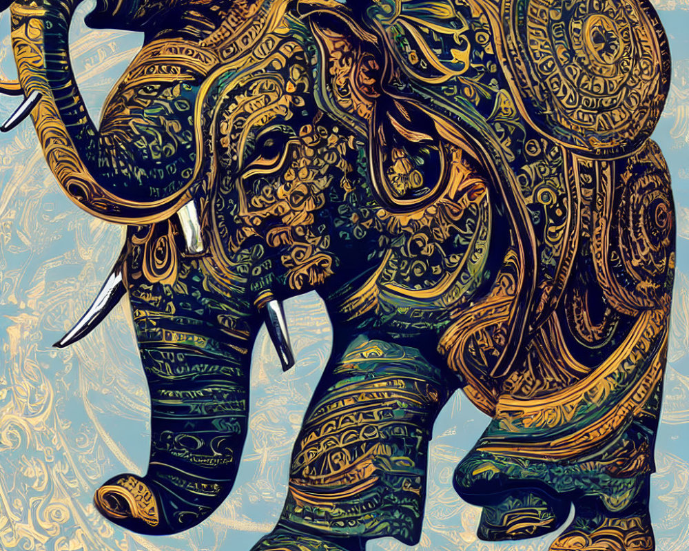 Intricately patterned elephant against matching background