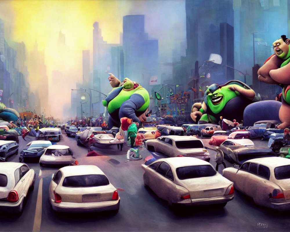 Vibrant artwork of monster-like characters in urban chaos