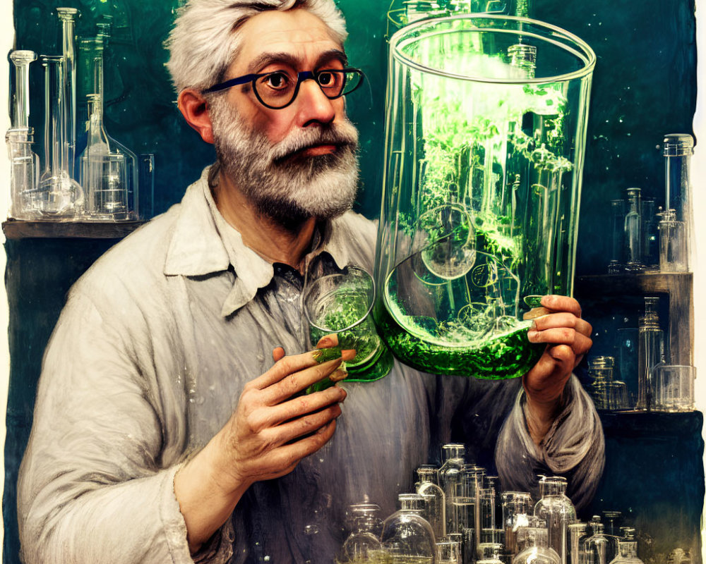 Elderly Scientist in Lab with Green Glowing Liquid