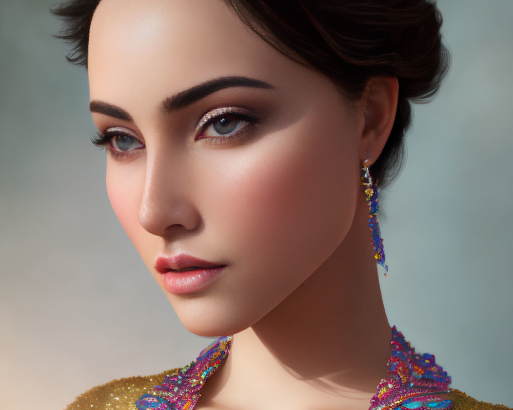 Detailed 3D digital portrait of a woman with elegant makeup and embroidered outfit