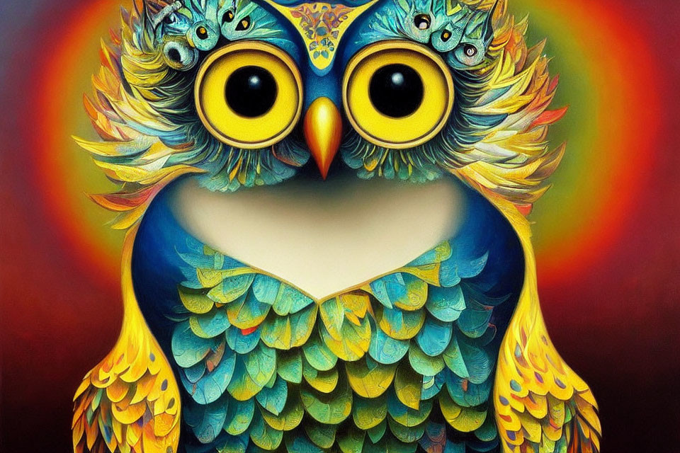 Colorful Owl Illustration with Large Yellow Eyes and Detailed Feathers