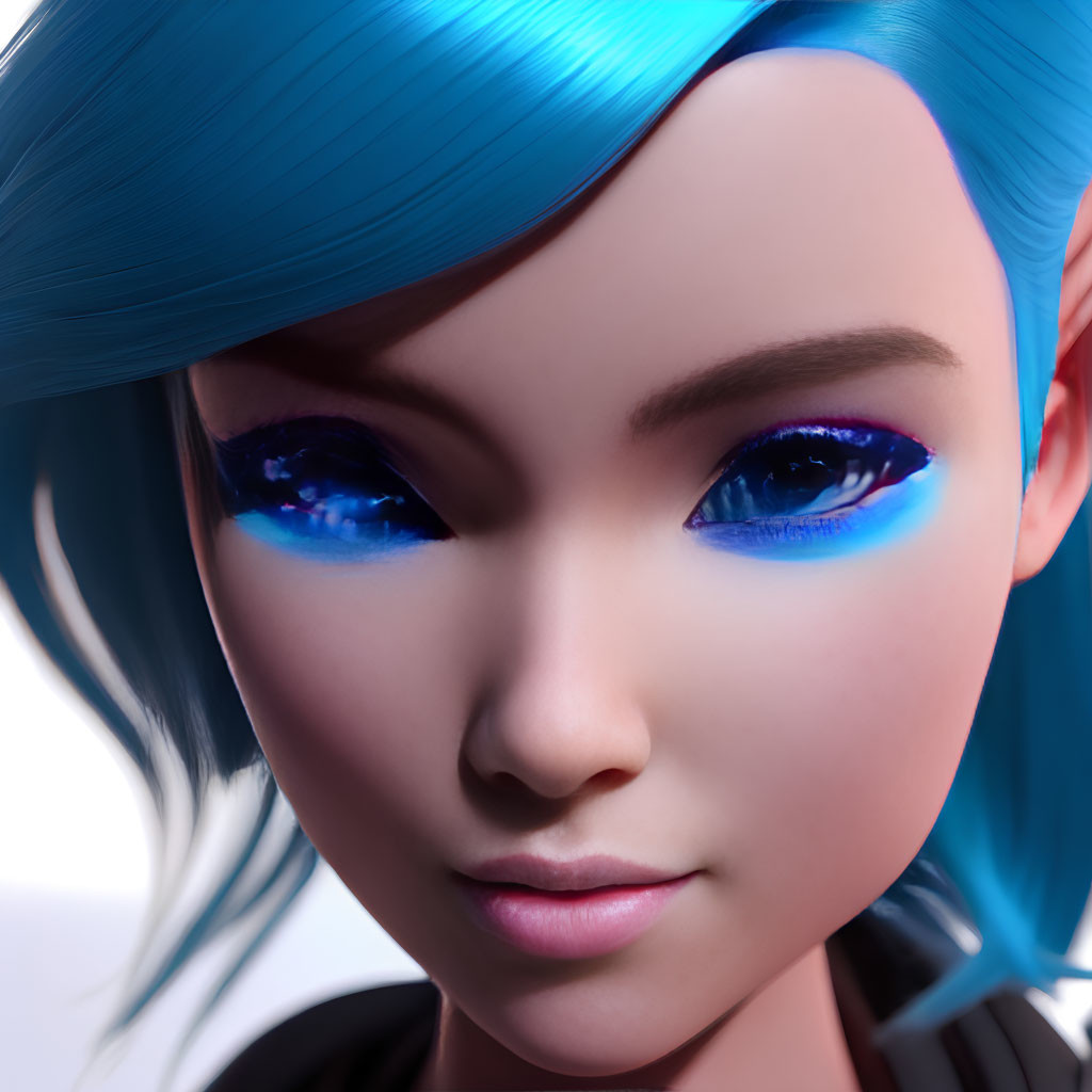 Detailed Close-up of 3D-Animated Female Character with Blue Hair and Starry Eyes