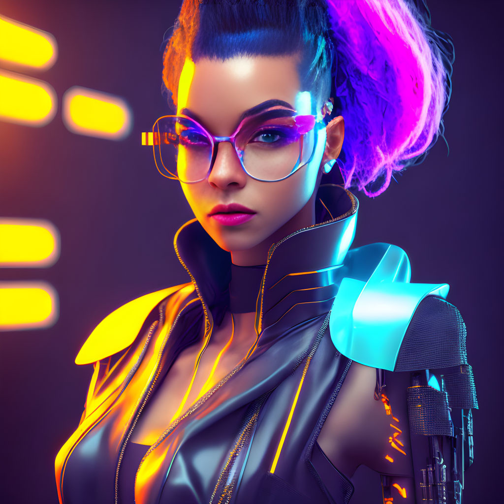 Futuristic woman with purple hair and cybernetic arm in illuminated clothing