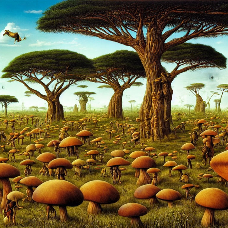 Fantastical landscape with oversized mushrooms and baobab trees