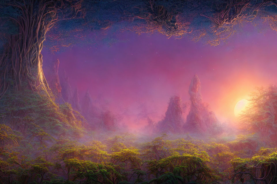Enchanting sunrise scene in mystical forest with towering trees and purple sky