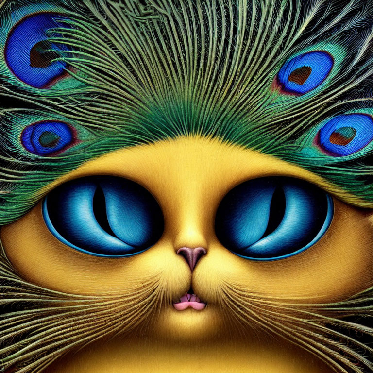 Whimsical cat illustration with large blue eyes and peacock feathers