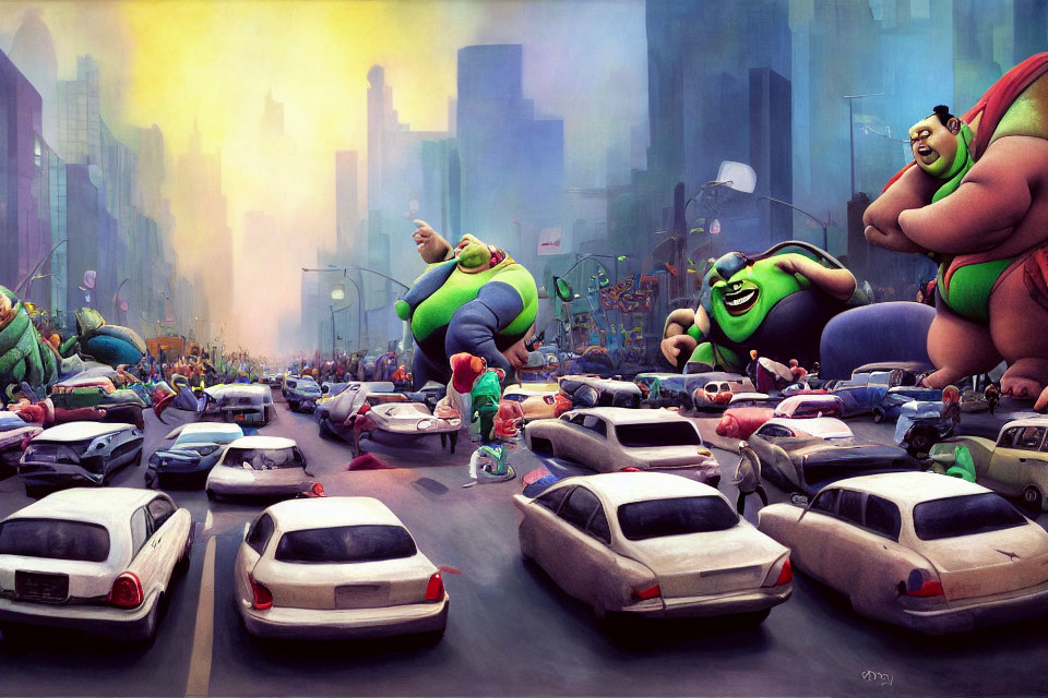 Vibrant artwork of monster-like characters in urban chaos